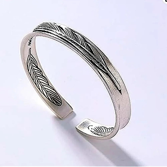 Sterling Silver Feather Cuff Bangle Bracelet - Picture 2 of 3